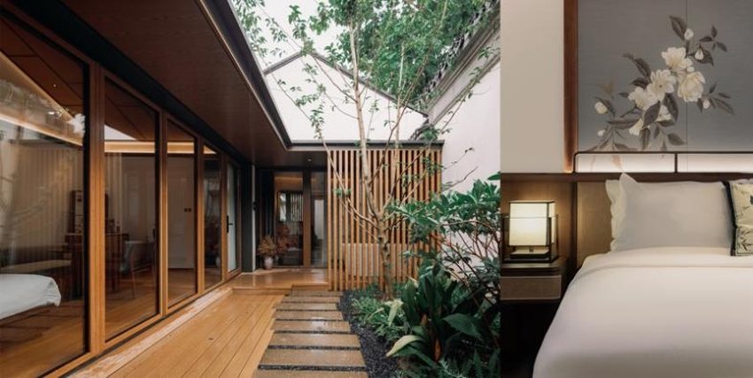 围绕醉花、醉景、醉酒、醉诗、醉茶、醉肴的“六醉⼭塘”主题，酒店精心打造沉浸式的江南风雅生活方式